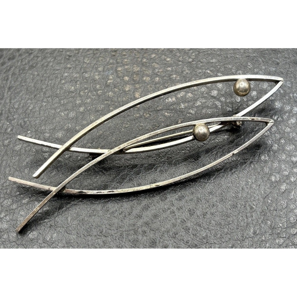 VTG Large Modernist Double Fish Brooch Sculptural Silver Tone Pin Good Luck